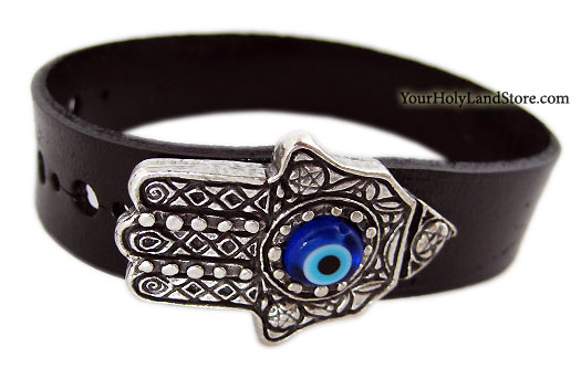 Leather Bracelet with Evil Eye and Hamsa